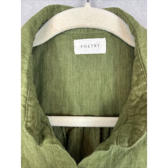 Poetry Dress Size 2 100% Linen Green 3/4 Sleeve Button Side Slit Pockets Preppy - Picture 6 of 11